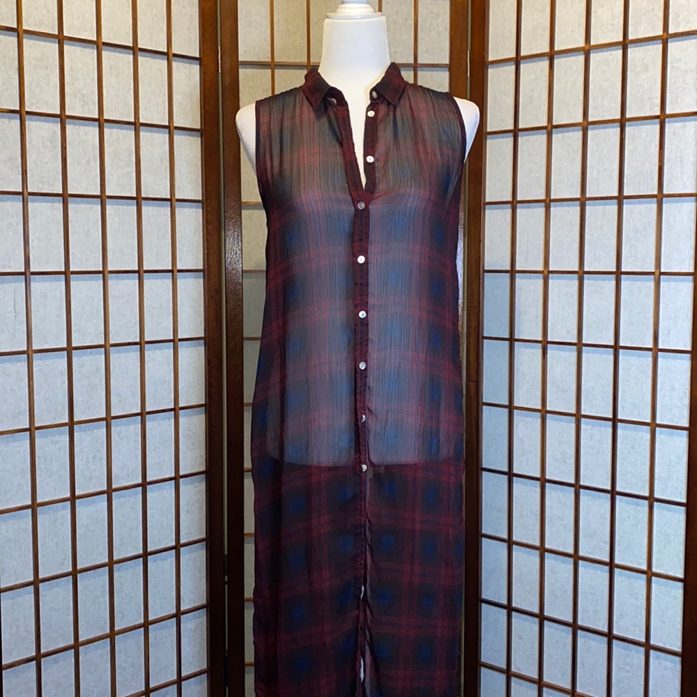 Streetwear Society Plaid Long Sheer Split Side Button Up Top